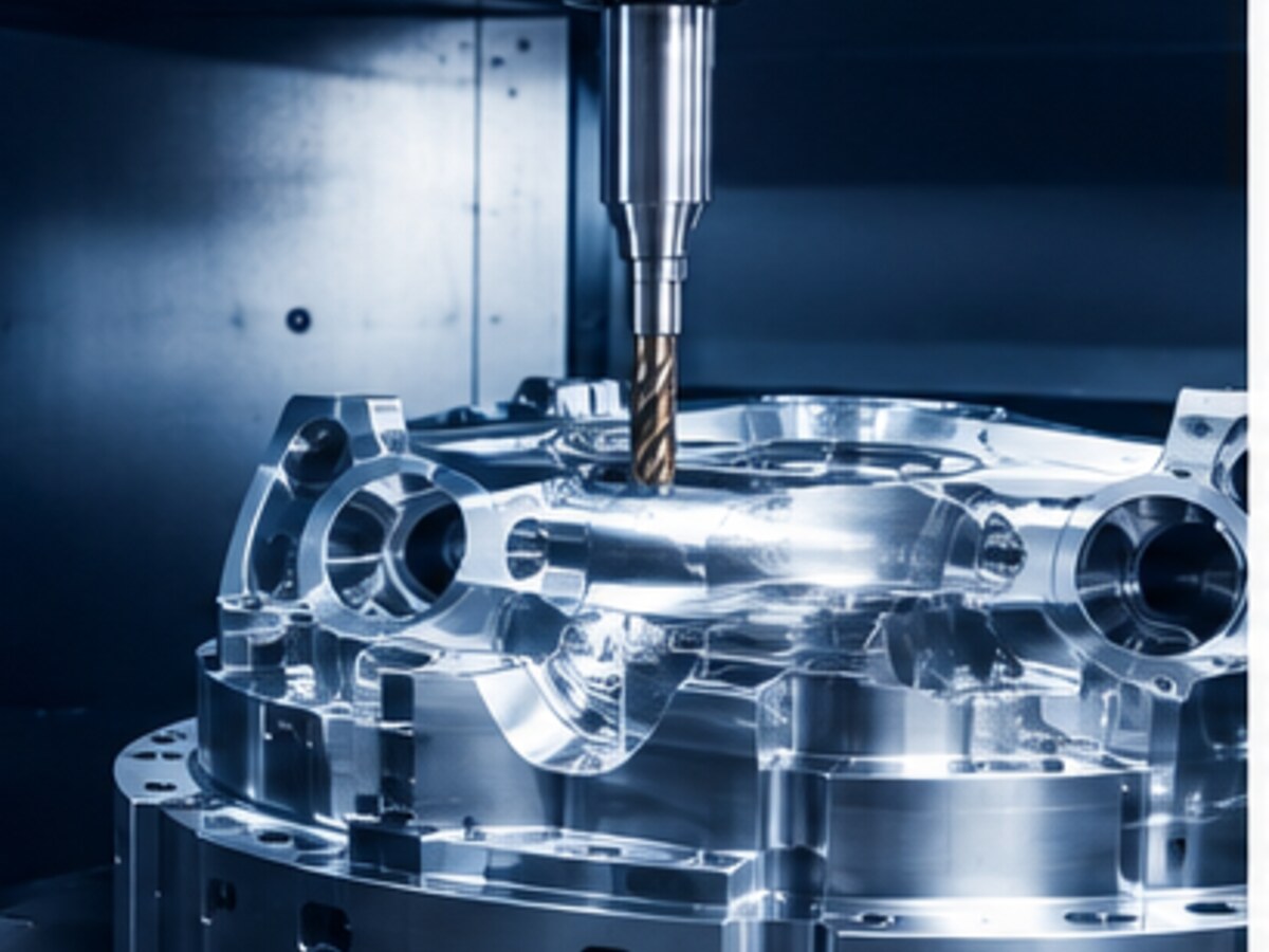 Precision CNC machining centre producing a metal component
