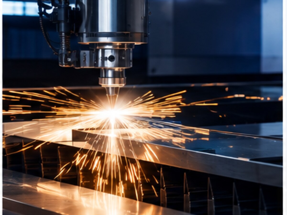Industrial laser-cutting machine producing controlled sparks