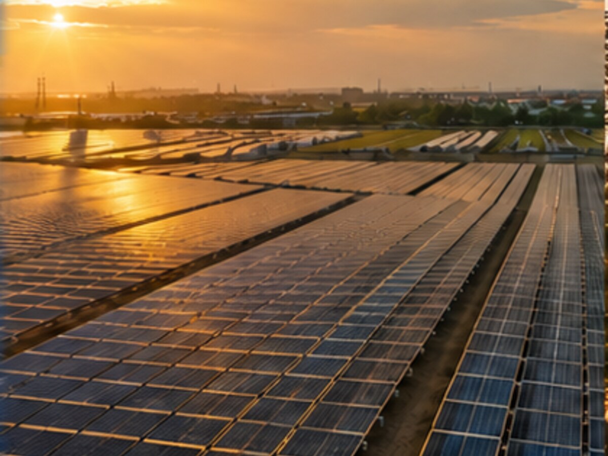Large modern solar power plant at sunset