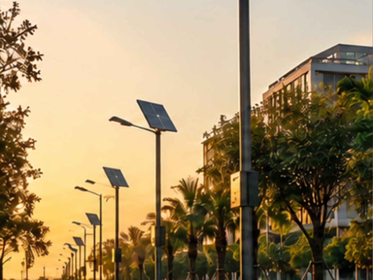 Elegant solar street lighting along a landscaped road