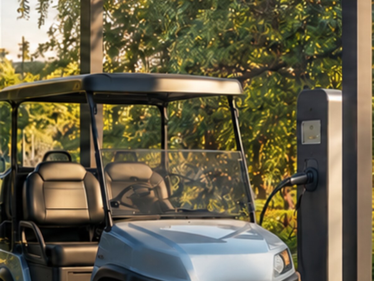 Battery-operated utility vehicle at solar charging station